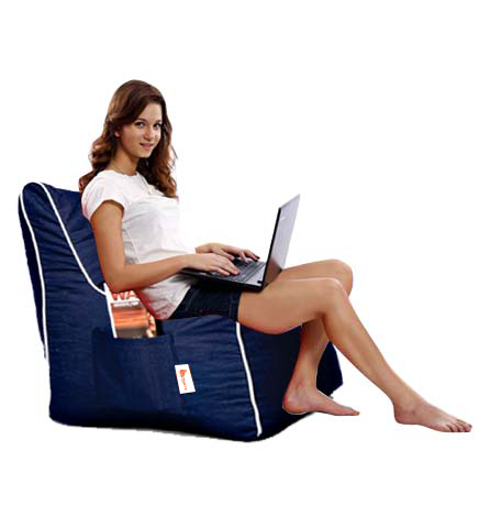 Fluffy Can bean bags Denim Bean Bag with Piping and Footstool Navy Blue XXXL
